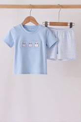 Blue ghost embroidery gingham shorts set - Aaria Tees