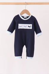 Navy Airplane Embroidery Romper - Aaria Tees