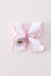 Pink santa claus embroidery crochet edge hair bow - Aaria Tees