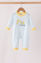 Blue Excavator Applique Stripe Romper - Aaria Tees