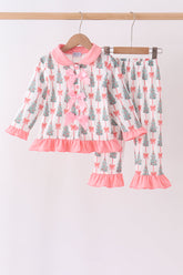 Pink Christmas Tree Bow Ruffle Pajama Set - Aaria Tees