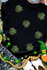 Black Sequin Leopard Clover Graphic Crewneck St Patrick Tee - Aaria Tees