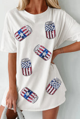 White Sequin American Flag Can Oversized Graphic Tee - Aaria Tees
