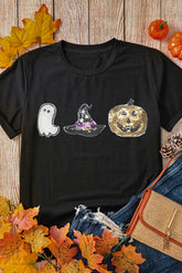 Black Halloween Sequin Pattern Patched Crewneck Tee - Aaria Tees