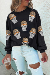 Black Basketball Patched Game Day Crew Neck Graphic Sweatshirt - Aaria Tees