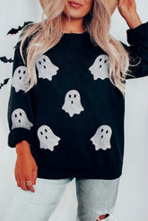 Black Glitter Ghost Pattern Crew Neck Halloween Sweatshirt - Aaria Tees