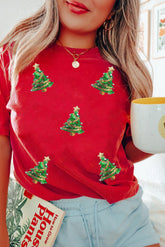 Red Sequined Christmas Tree Graphic Crewneck T Shirt - Aaria Tees