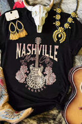 Black Nashville Music City Leopard Guitar Graphic T Shirt - Aaria Tees