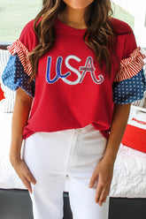 Fiery Red Sequin USA Lettering Patriotic Contrast Splicing Sleeve Top - Aaria Tees