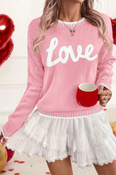 Pink Valentine Love Chenille Letter Graphic Sweater - Aaria Tees