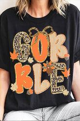 Black GOBBLE Leopard Letter Print Turkey Bow Graphic T Shirt - Aaria Tees