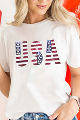 White USA Flag Sequin Patched Round Neck T Shirt - Aaria Tees