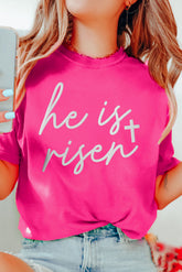 Rose Red Glitter he is risen Cross Printed Crewneck Tee - Aaria Tees