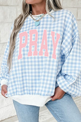 Light Blue PRAY Slogan Graphic Pullover Sweatshirt - Aaria Tees
