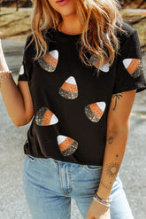 Black Sequin Candy Patched Pattern Halloween T Shirt - Aaria Tees