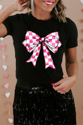Black Checkerboard Bowknot Graphic Crewneck T Shirt - Aaria Tees