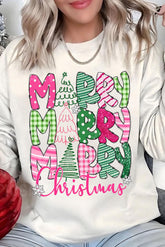 Beige MERRY Christmas Printed Drop Shoulder Pullover Sweatshirt - Aaria Tees