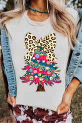 White Leopard Bow Décor Christmas Tree Graphic Crew Neck Tee - Aaria Tees