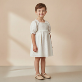 Organic Eyelet Bubble Sleeve Dress - Ivory Eyelet - Aaria Tees