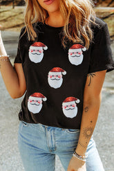 Black Faux Sequin Christmas Claus Pattern Crewneck T Shirt - Aaria Tees