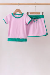 Pink color block Ringer Skorts Set - Aaria Tees