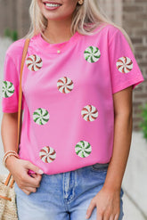 Sachet Pink Sequined Peppermint Pattern Christmas Custom T Shirt - Aaria Tees