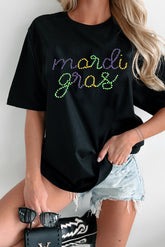 Black Rhinestone Mardi Gras Letter Graphic T Shirt - Aaria Tees