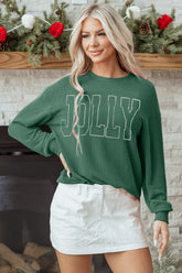Blackish Green Twisted Rib Outlined Merry Letter Graphic Loose Long Sleeve Top - Aaria Tees