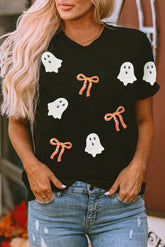 Black Sequin Bow Ghost Patched Halloween Graphic Tee - Aaria Tees