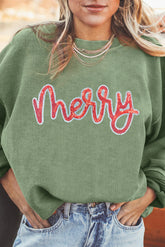 Grass Green Sequined merry Letter Graphic Twisted Ribbed Baggy Sweatshirt - Aaria Tees