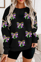 Black Sequin Mardi Gras Bow Graphic Drop Shoulder Pullover Sweatshirt - Aaria Tees