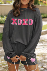 Carbon Grey XOXO Heart Patched Pattern Long Sleeve Corded Shorts Set - Aaria Tees