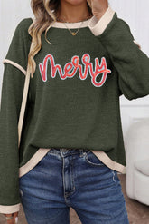 Four Leaf Clover Merry Patched Graphic Contrast Trim Christmas Knitted Long Sleeve Top - Aaria Tees