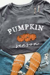 Gray Pumpkin Season Graphic Round Neck Short Sleeve T-Shirt - Aaria Tees