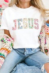 White JESUS Floral Pearl Printed Letter Graphic Tee - Aaria Tees