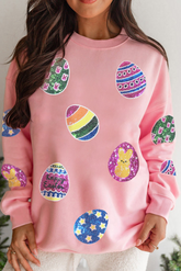 Pink Sequined Easter Egg Patched Pullover Sweatshirt - Aaria Tees