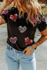 Black Sequin Heart Patched Pattern Crewneck Valentines Tee - Aaria Tees