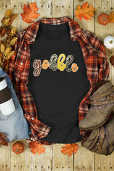 Black gobble Sequin Letter Graphic Thanksgiving T Shirt - Aaria Tees