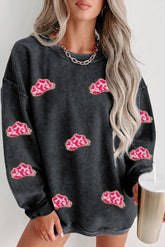 Black Glittering Cowboy Hat Patched Corded Pullover Sweatshirt - Aaria Tees