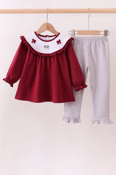 Premium Maroon Georgia bulldog bow embroidery ruffle pants set - Aaria Tees