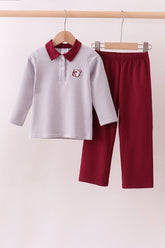 Premium Maroon Mississippi stripe bulldog embroidery pants set - Aaria Tees