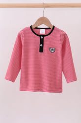 Premium Red Georgia bulldog embroidery stripe top - Aaria Tees