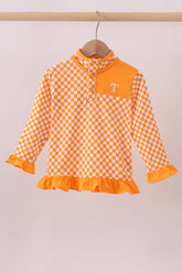 Orange Tennessee checkered pullover ruffle top - Aaria Tees