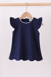 Navy flutter sleeve scalloped top - Aaria Tees
