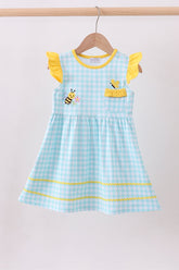 Blue gingham butterfly & bee pocket flutter dress - Aaria Tees