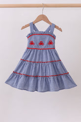 Blue crab embroidery gingham tiered dress - Aaria Tees