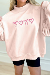 Apricot Pink Valentines Bow Heart Embroidered Mock Neck Sweatshirt - Aaria Tees