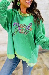 Bright Green Twisted Ribbed mardi gras Sequin Graphic Exposed Seam Patchwork Pullover Top - Aaria Tees