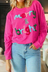 Rose Red Merry & Bright Christmas Letter Graphic Sweatshirt - Aaria Tees