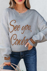 Light Grey See You Cowboy Embroidered Western Graphic Sweater - Aaria Tees